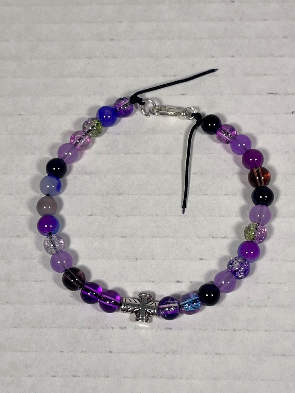 Mini Silver Cross Purple Glass Bead Bracelet ~7.50 inches